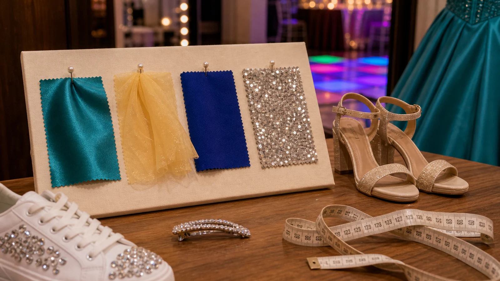 Muestrario de telas para vestido de 15 años con colores vivos