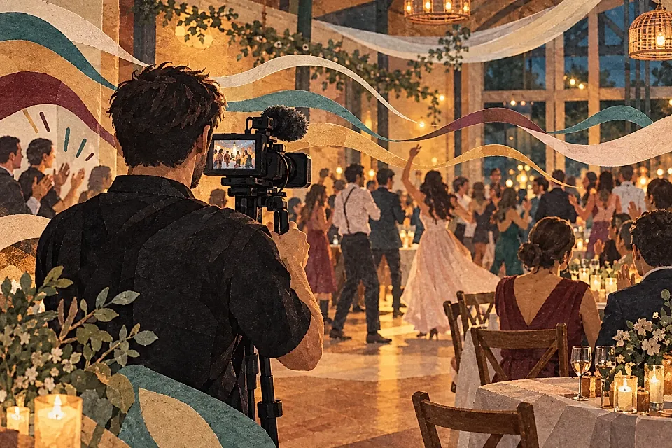 Videógrafo registra una fiesta mientras cintas ilustradas evocan voces y música.