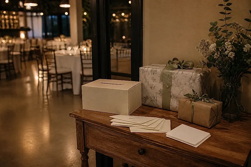 Mesa de recepción con urna, sobres y regalos junto a la entrada de un salón de casamiento