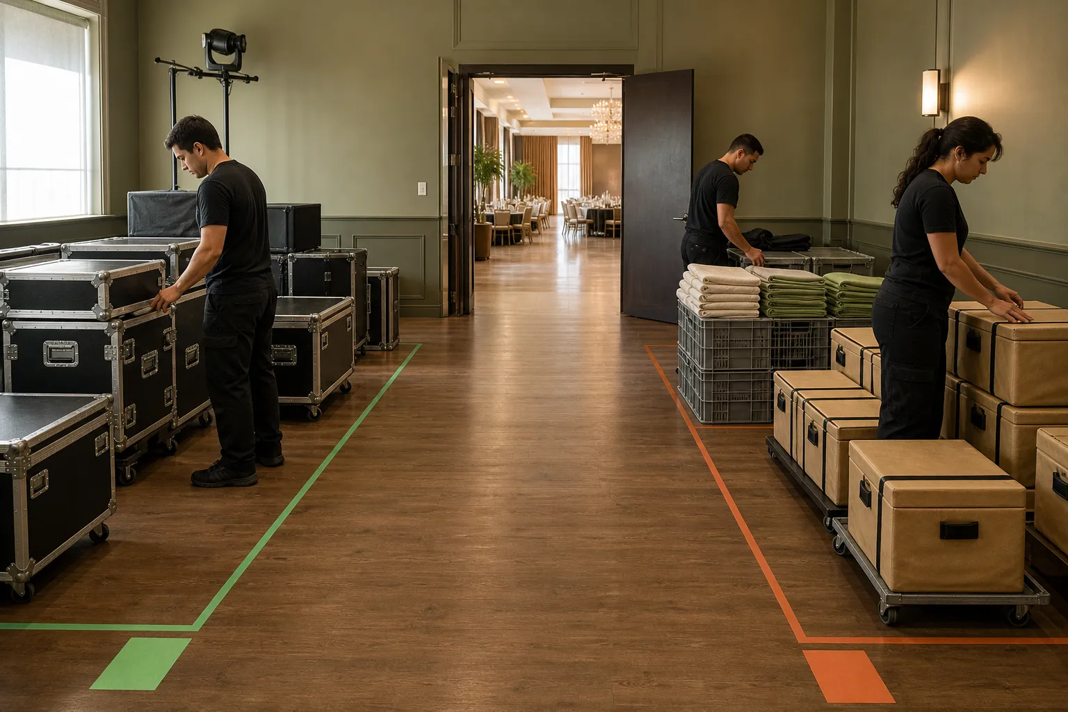 Zona de staging con equipos técnicos, textiles y cajas de catering separados