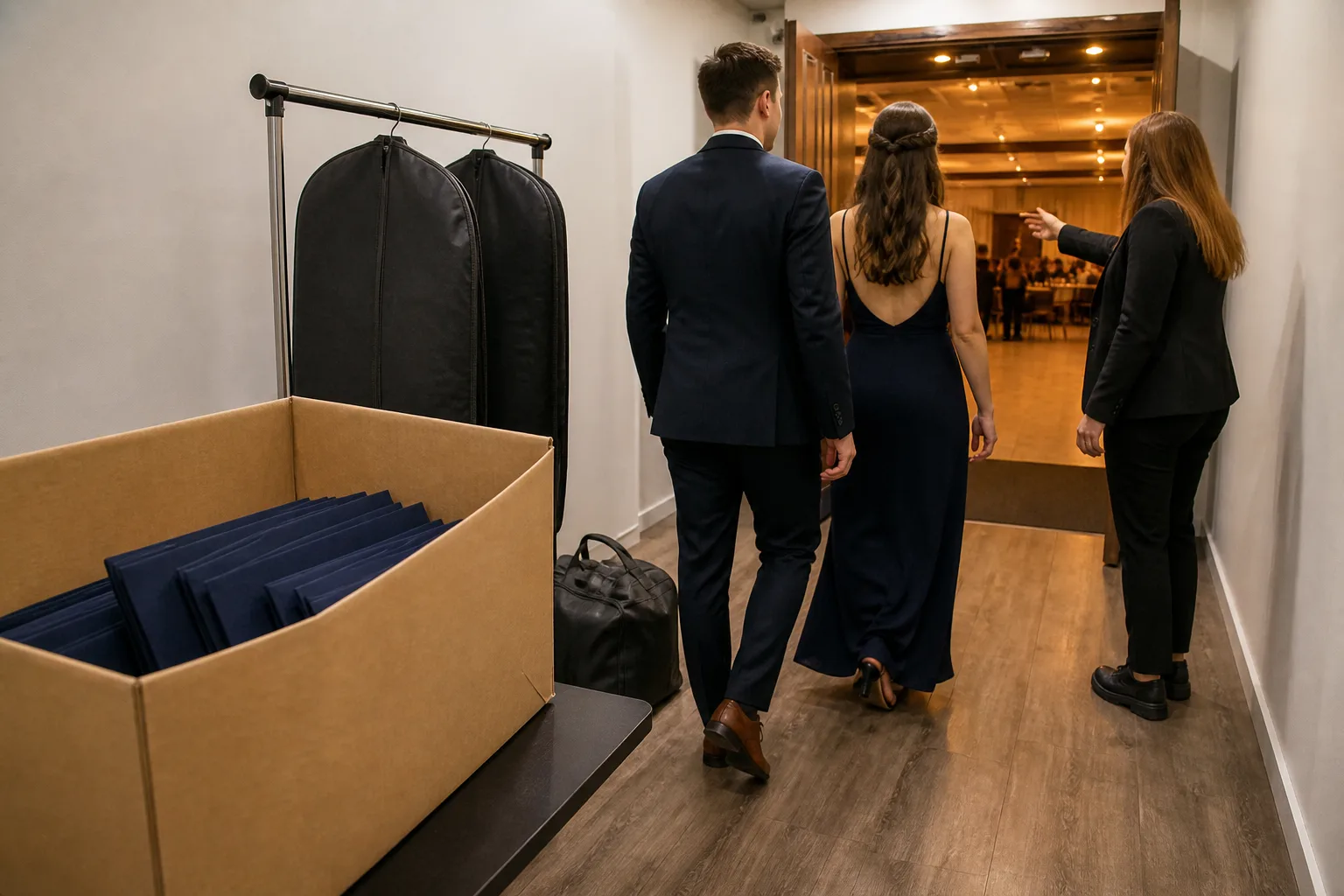 Diplomas y ropa guardados antes de la entrada de egresados al salón