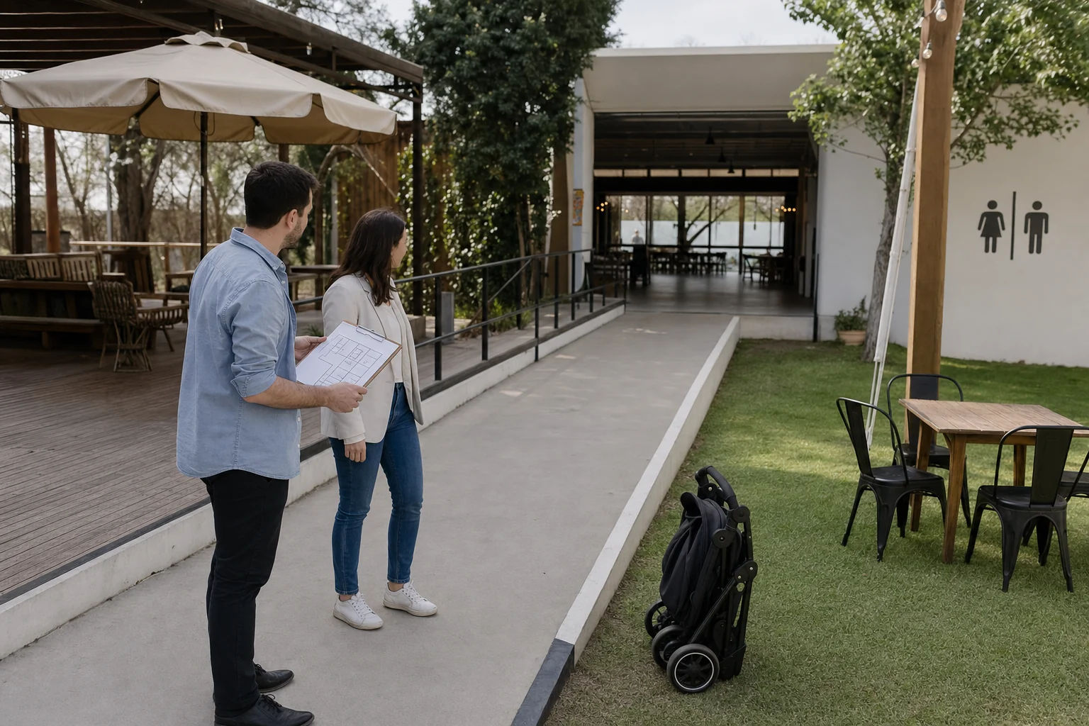 Dos coordinadores revisan accesos, sombra y sectores de una sede antes de un family day