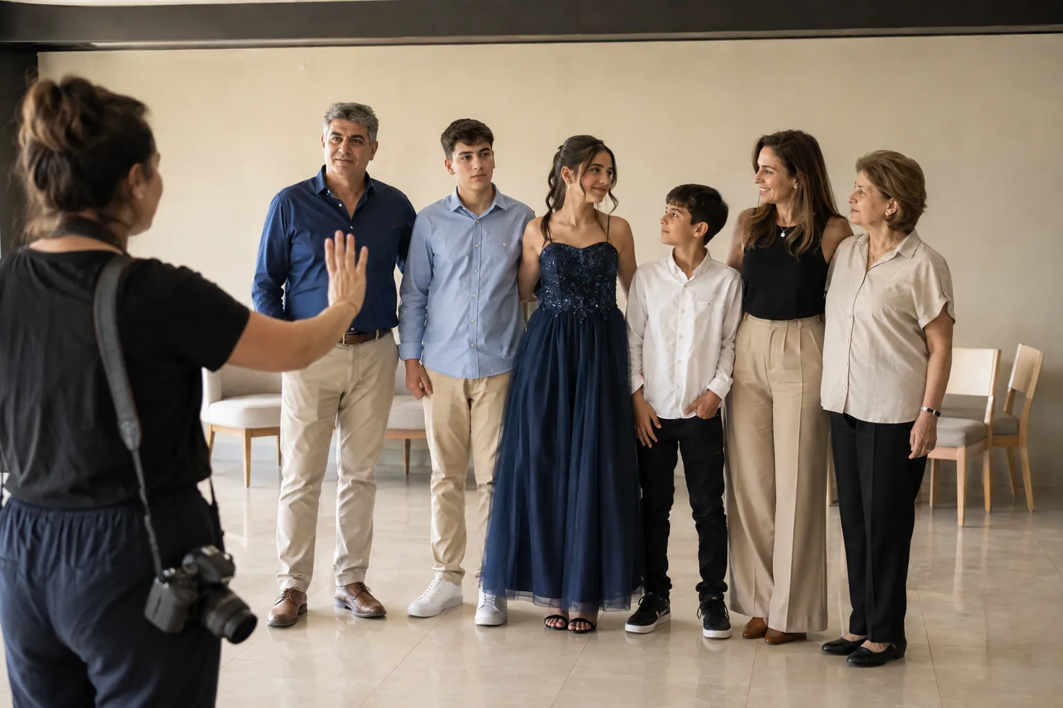 Fotógrafa organizando una foto de quinceañera con hermanos, adultos y una abuela