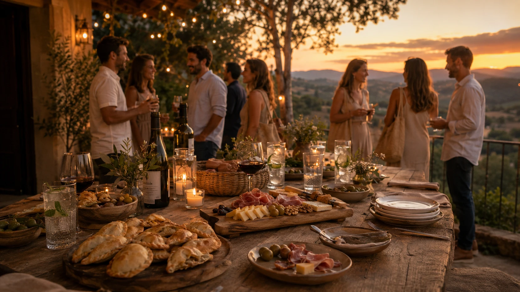 Mesa informal con empanadas, fiambres y bebidas para una welcome party