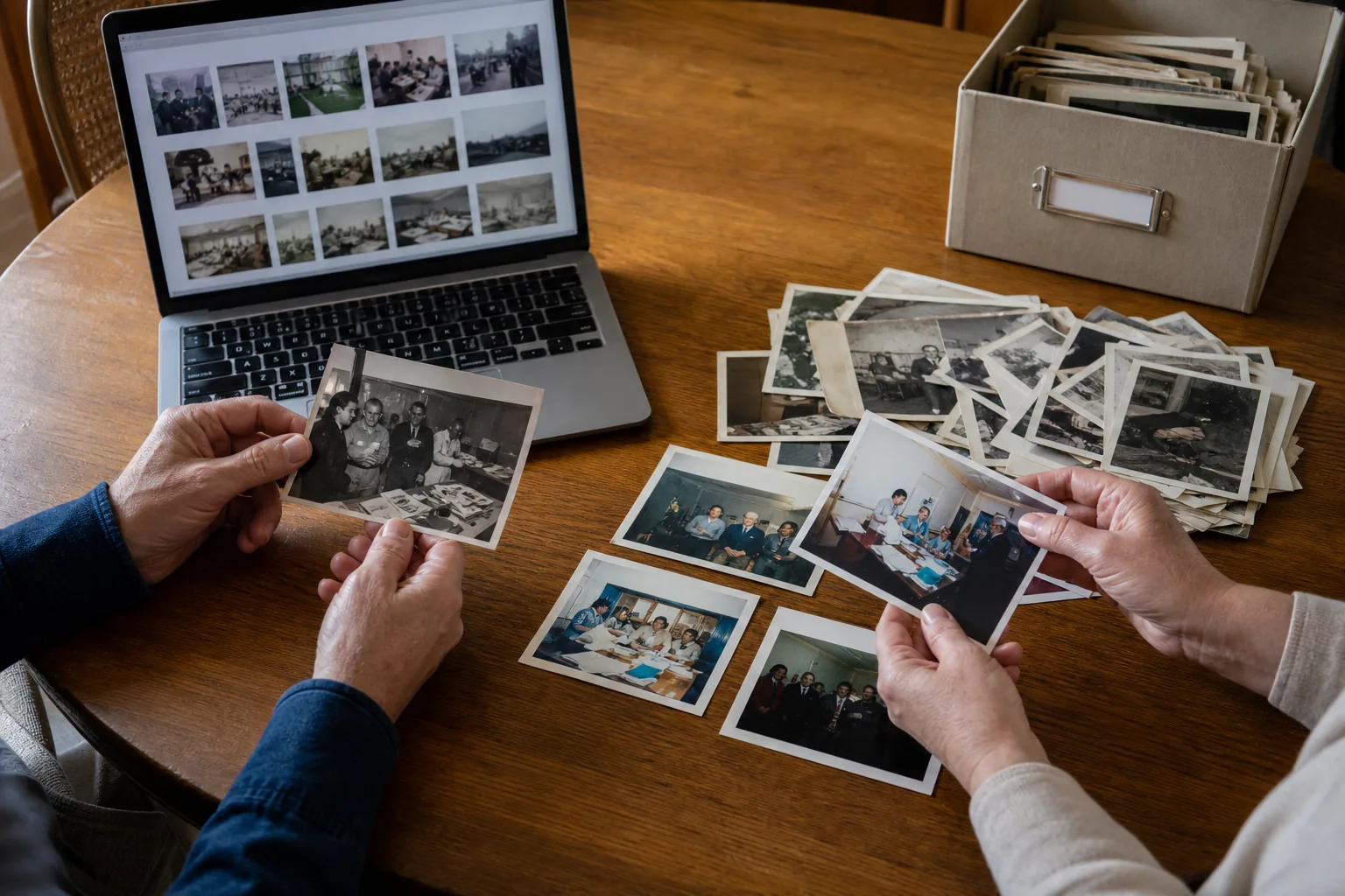 Dos personas seleccionan fotografías de distintas etapas de una trayectoria laboral