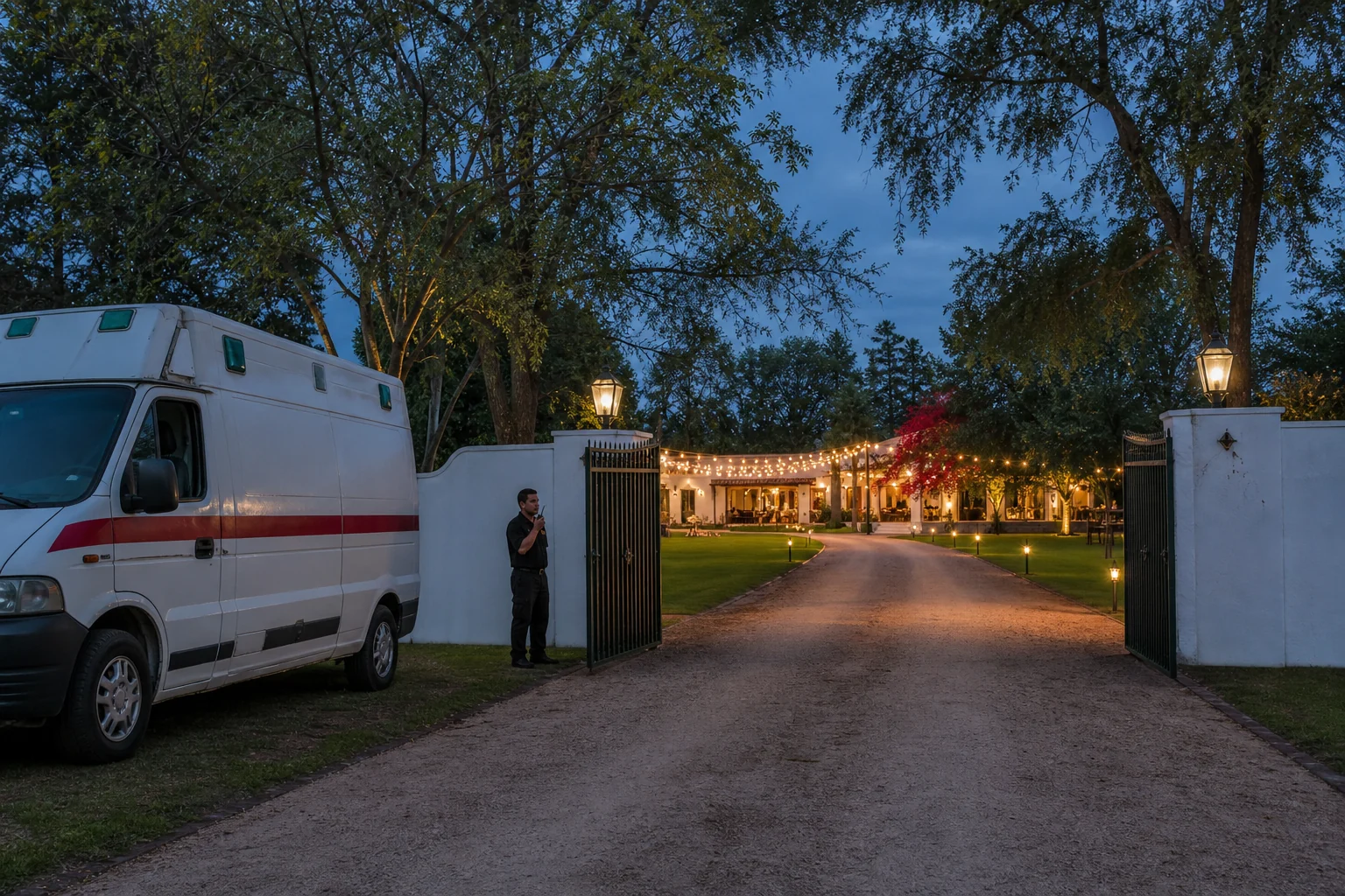 Ambulancia estacionada junto al acceso despejado de una quinta para eventos