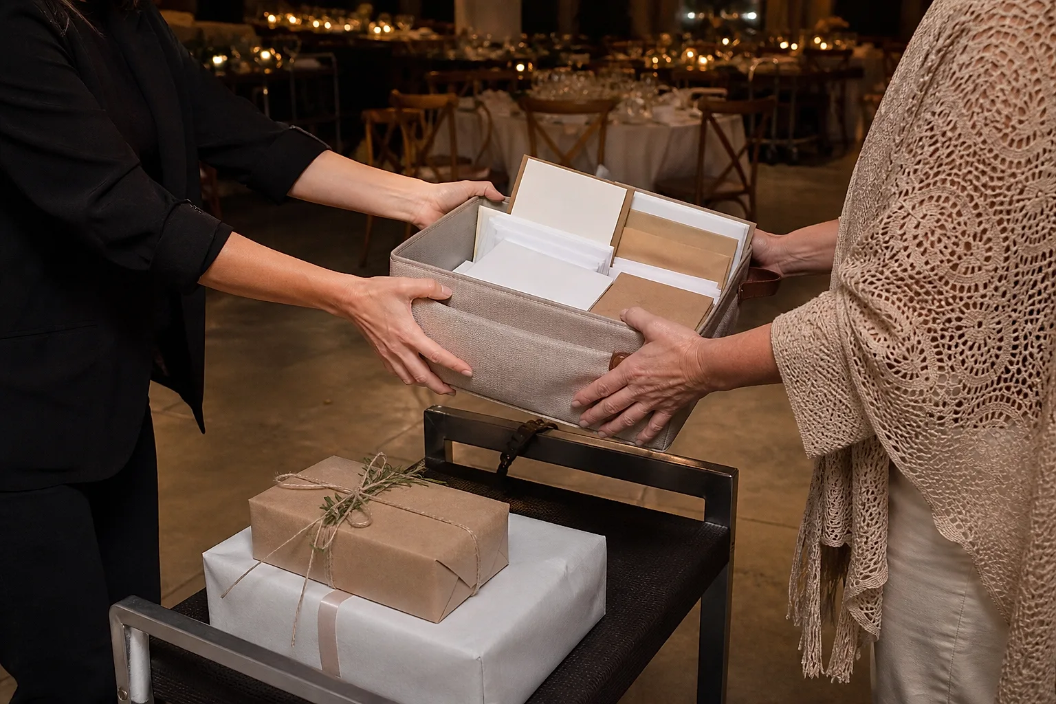 Dos personas traspasan una caja con sobres y regalos al cierre de un casamiento