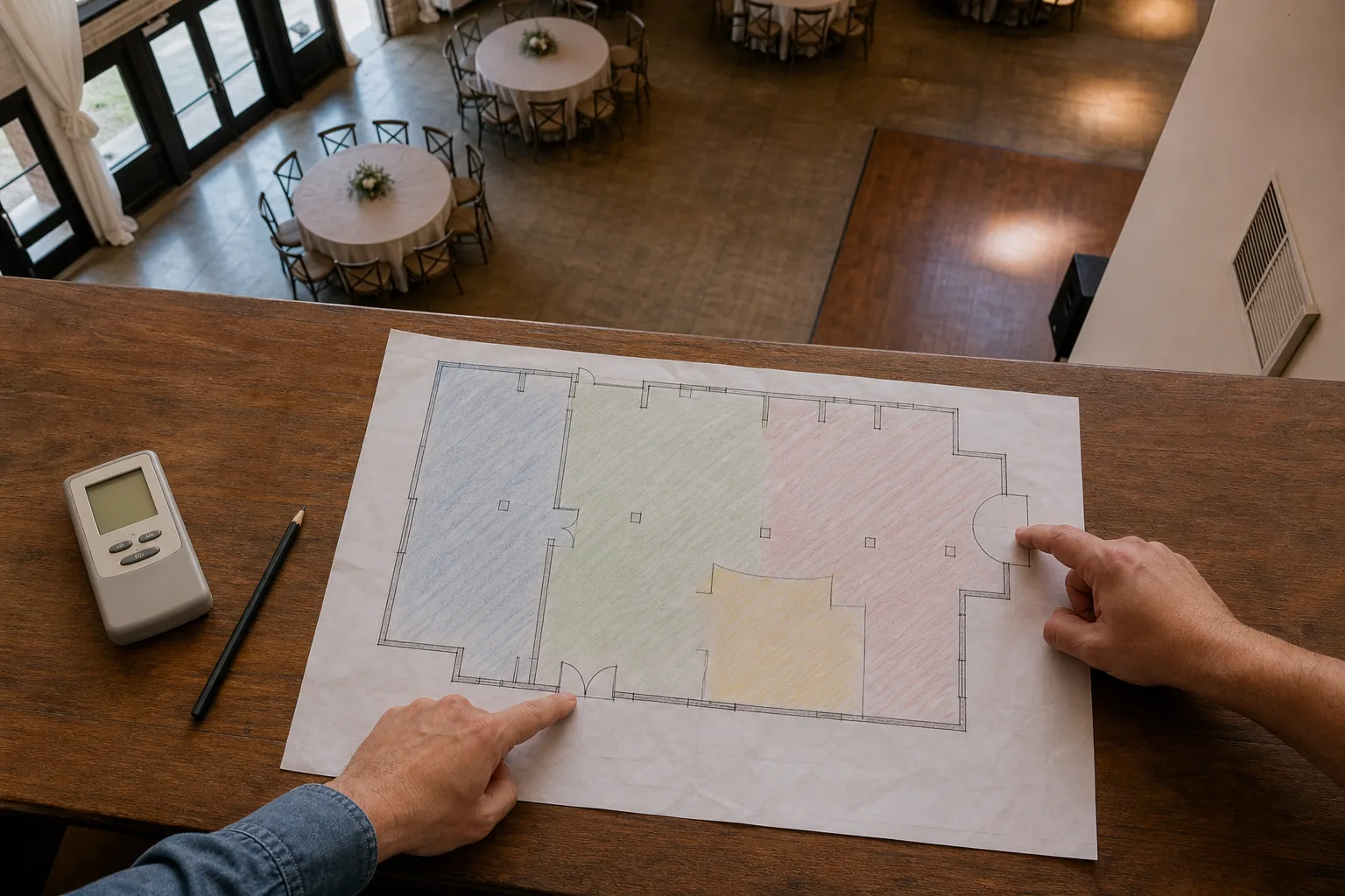 Plano de un salón dividido en zonas para planificar la climatización