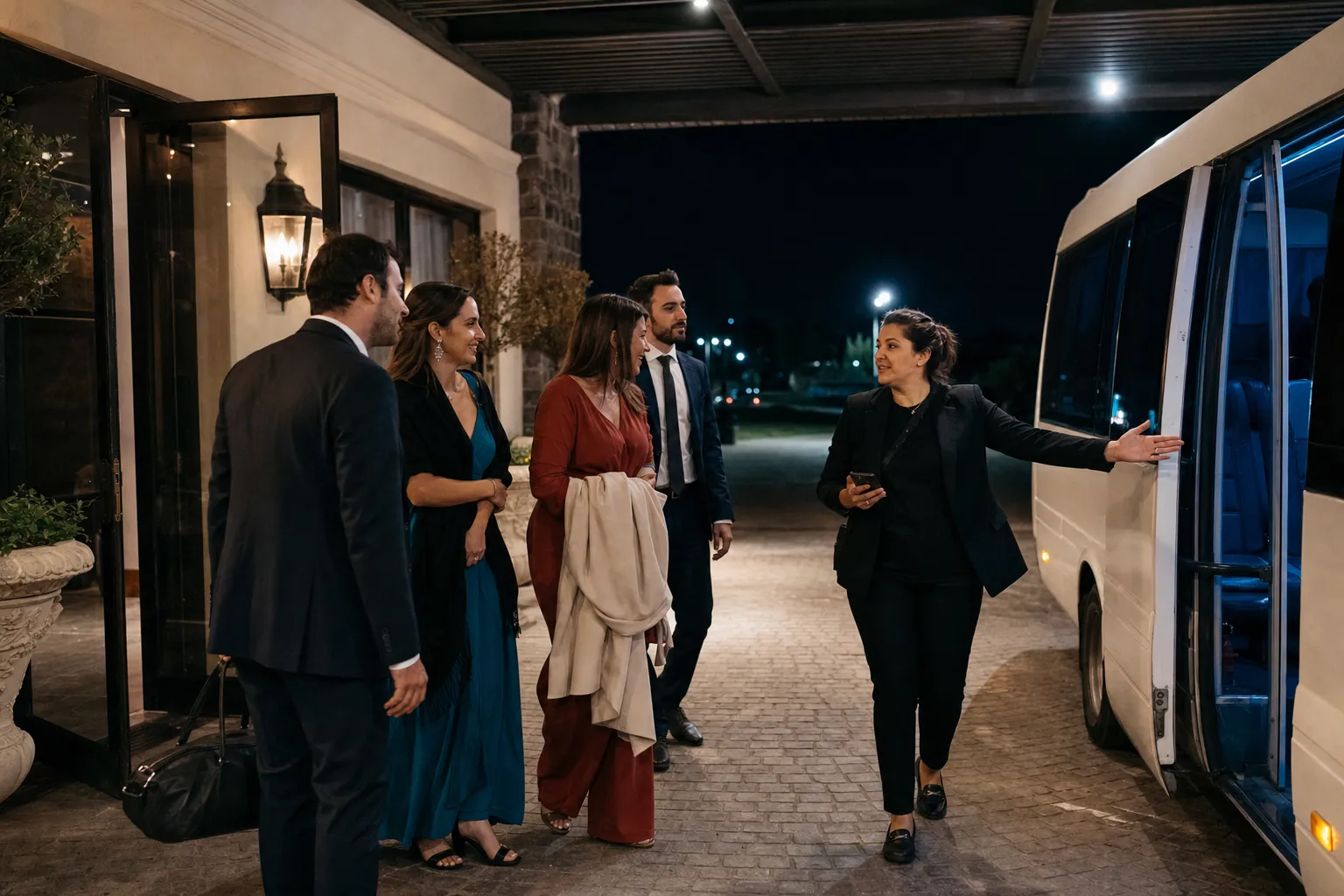 Coordinadora guía a invitados de un casamiento hacia la combi del after party