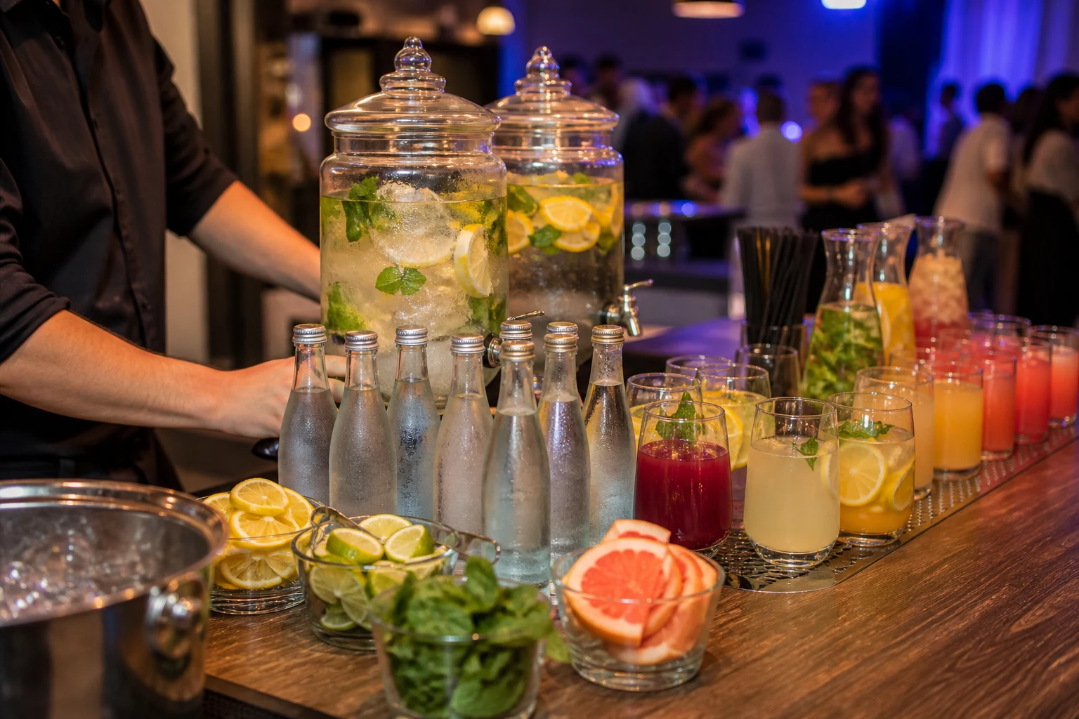 Agua y bebidas sin alcohol listas en la barra de una fiesta de 18