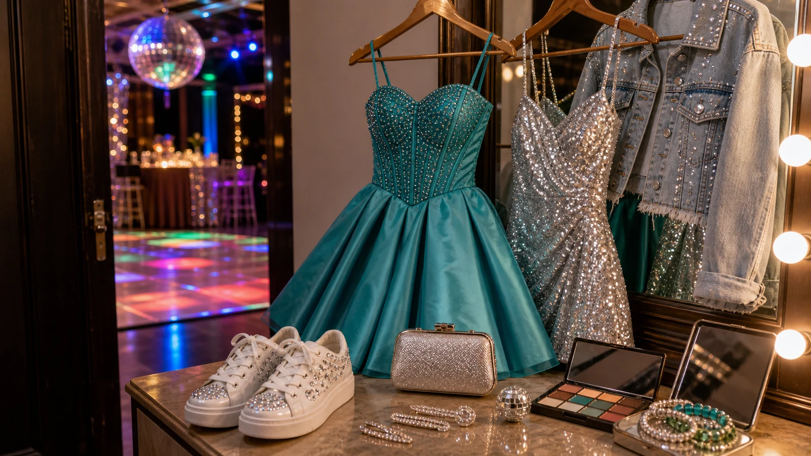 Vestido de quince años teal con zapatillas y pista iluminada