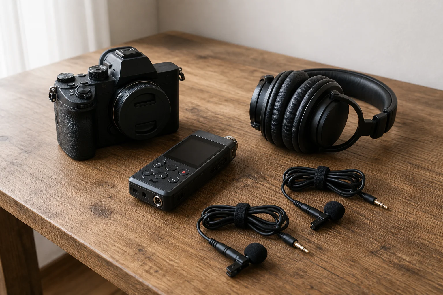 Cámara, grabador de audio, auriculares y micrófonos sobre una mesa de madera.