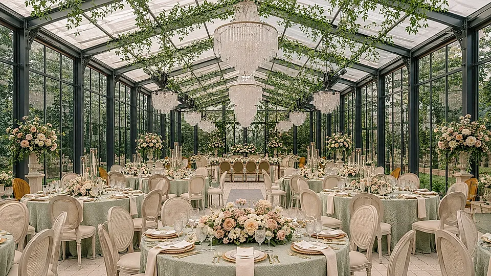 Salón de eventos preparado para una celebración