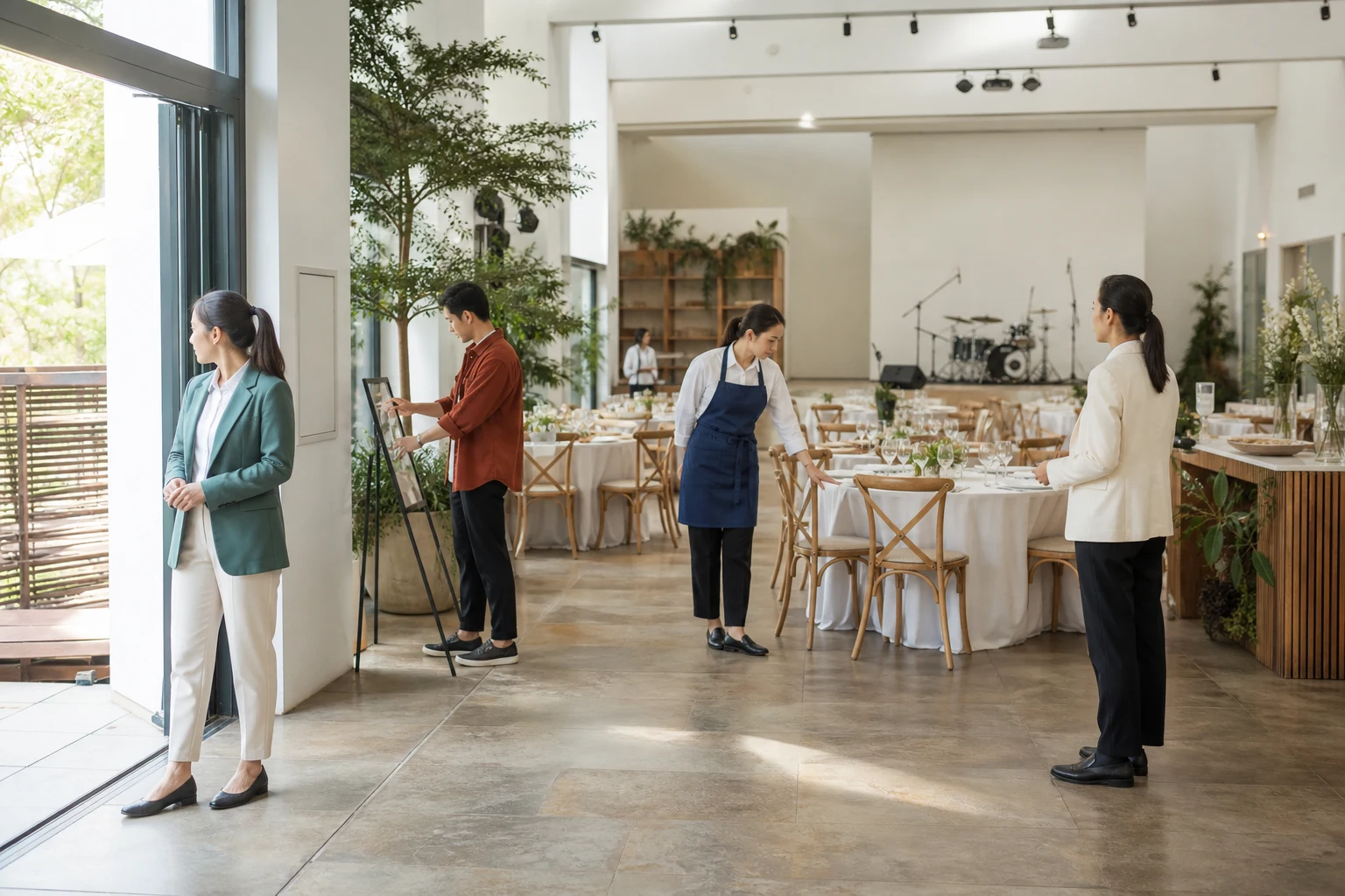 Personal de recepción, montaje, salón y coordinación trabajando en distintos sectores