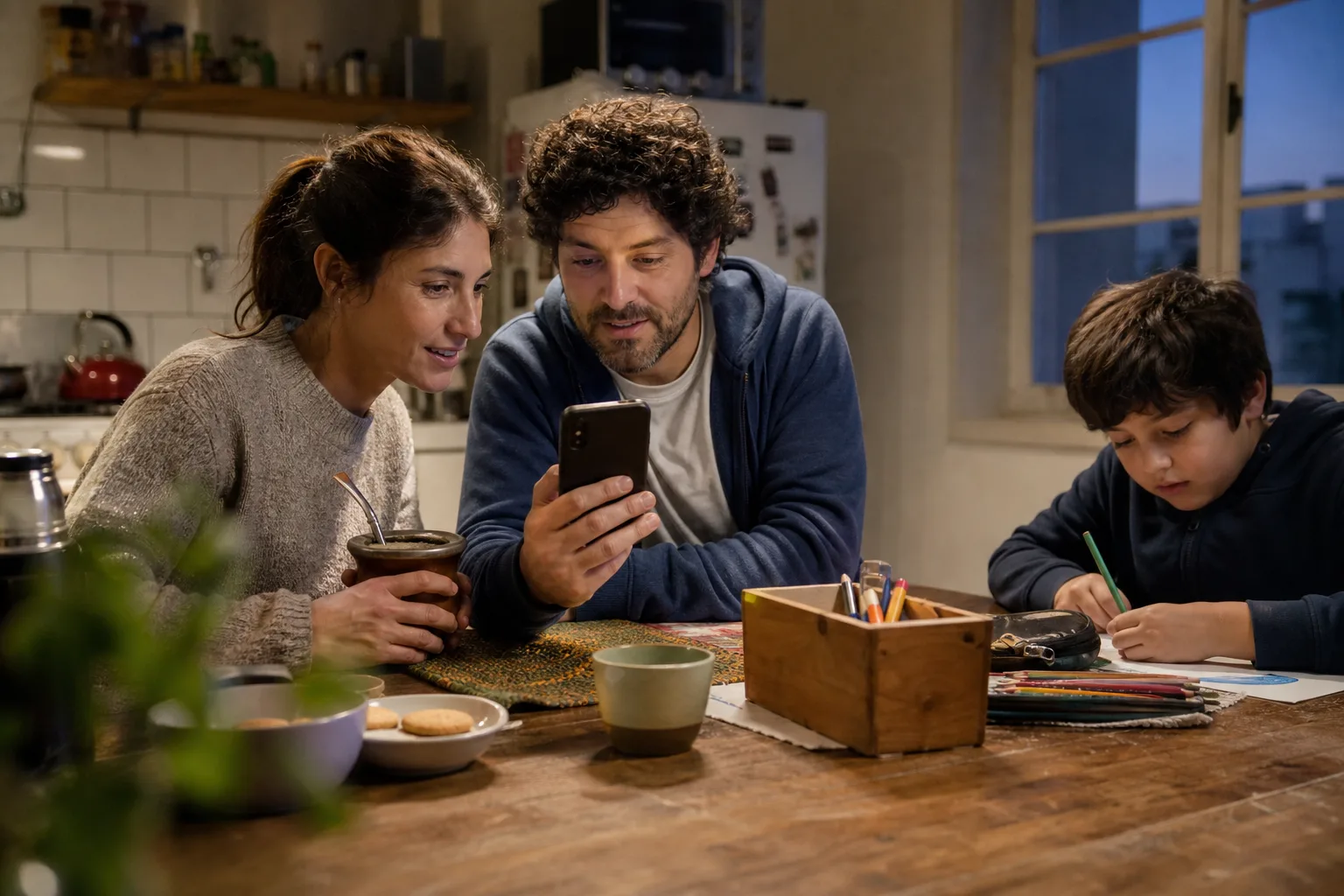 Pareja revisa una invitación digital mientras su hijo dibuja en la cocina