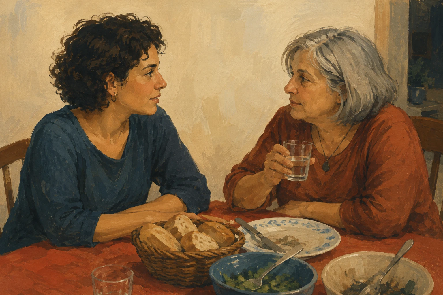 Ilustración de dos invitadas de distintas generaciones conversando junto a una mesa.