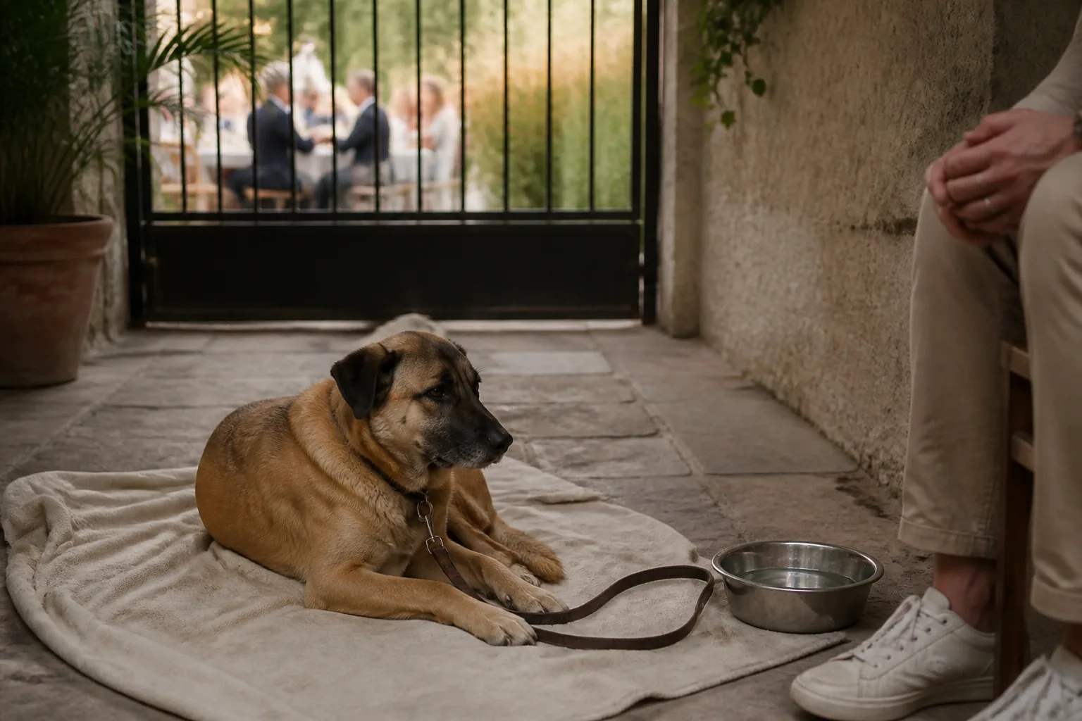 Perro descansando con agua en un sector tranquilo separado de la fiesta