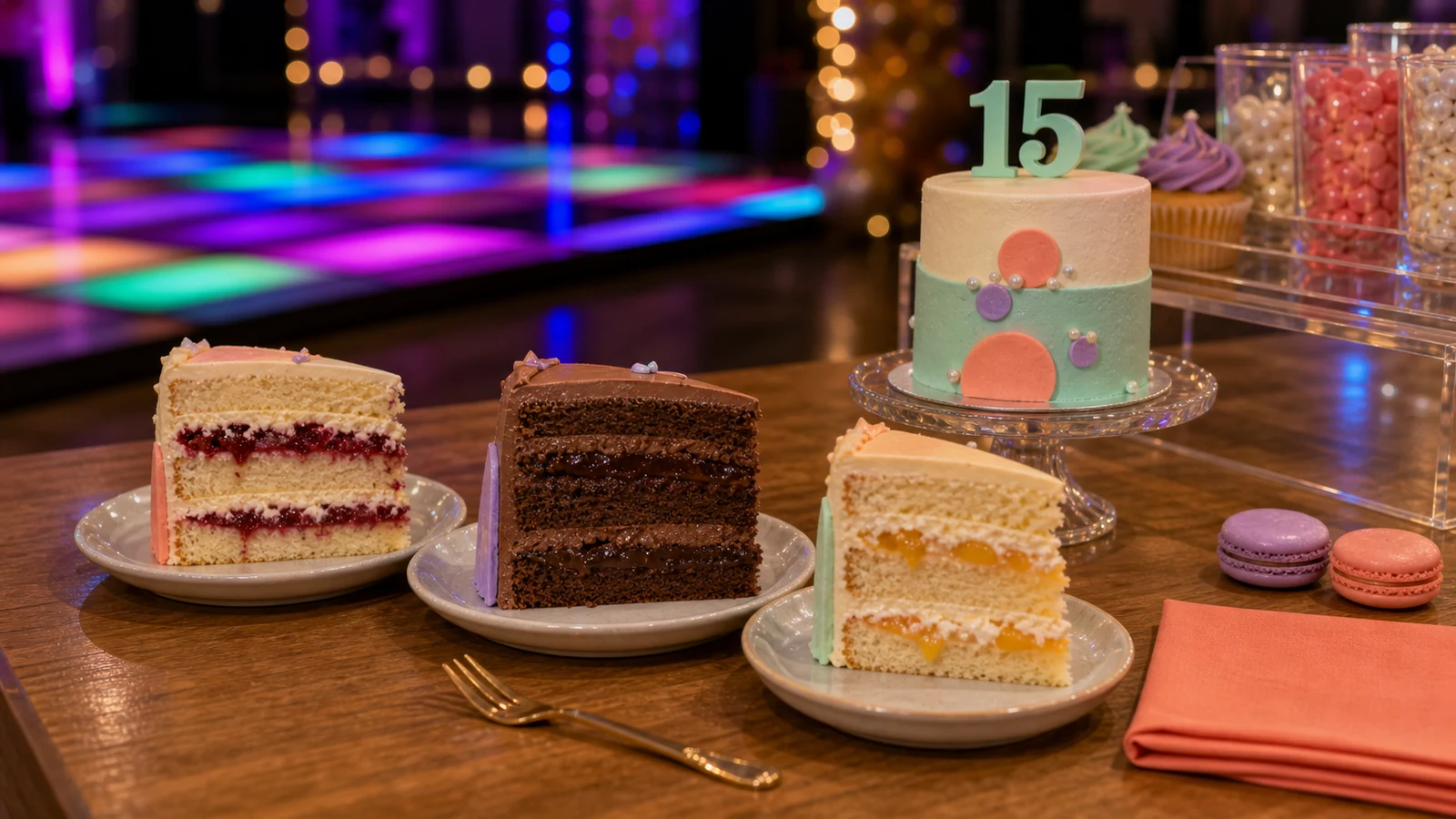 Degustación de torta de 15 años con porciones y mini torta
