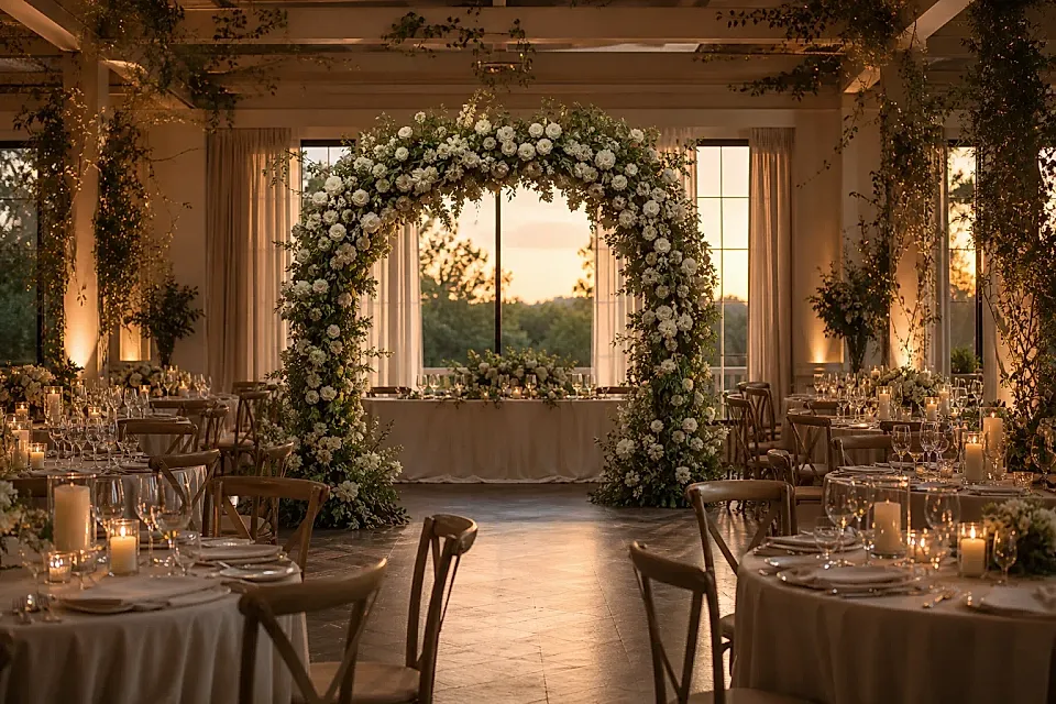 Salón de casamiento con arco floral, mesas redondas y luz cálida de tarde