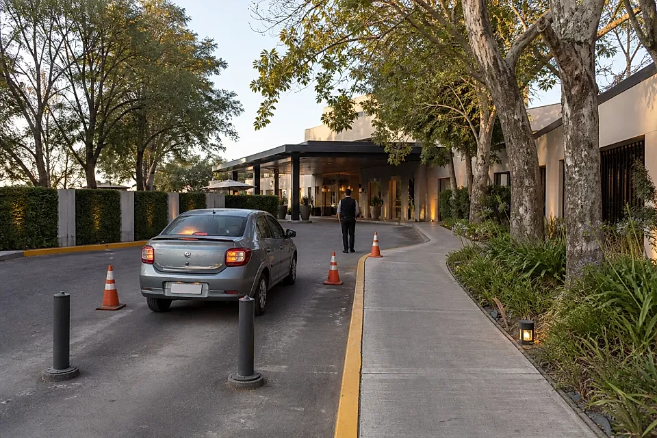 Auto frente a la entrada de un salón con personal de valet parking