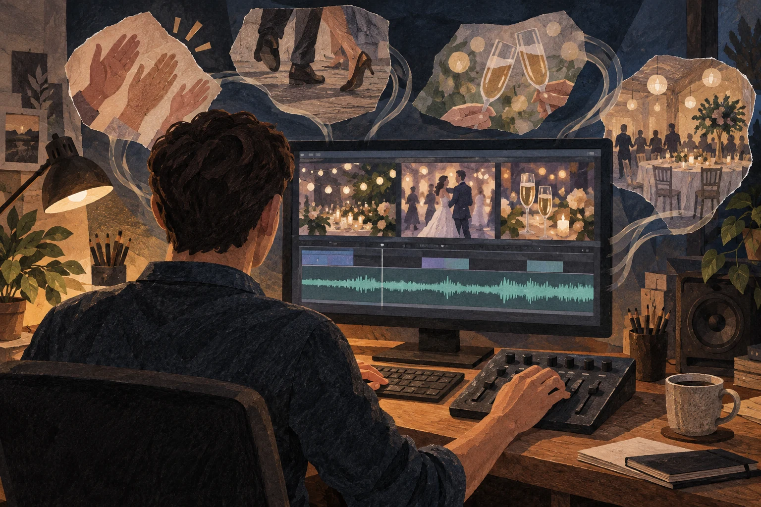 Editor trabaja con imágenes de una fiesta y una pista de audio en una pantalla.