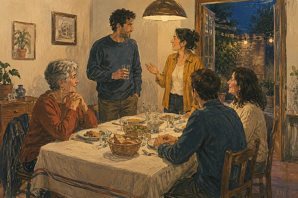 Ilustración de amistades y familiares alrededor de una mesa durante una despedida.