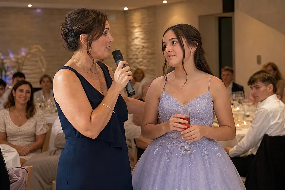 Una familiar habla durante el brindis mientras la quinceañera escucha con su copa