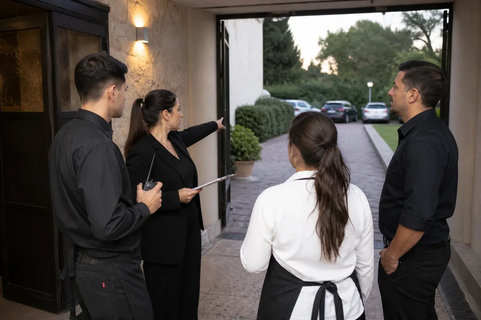 Equipo de seguridad y servicio repasa comunicaciones junto al acceso del salón