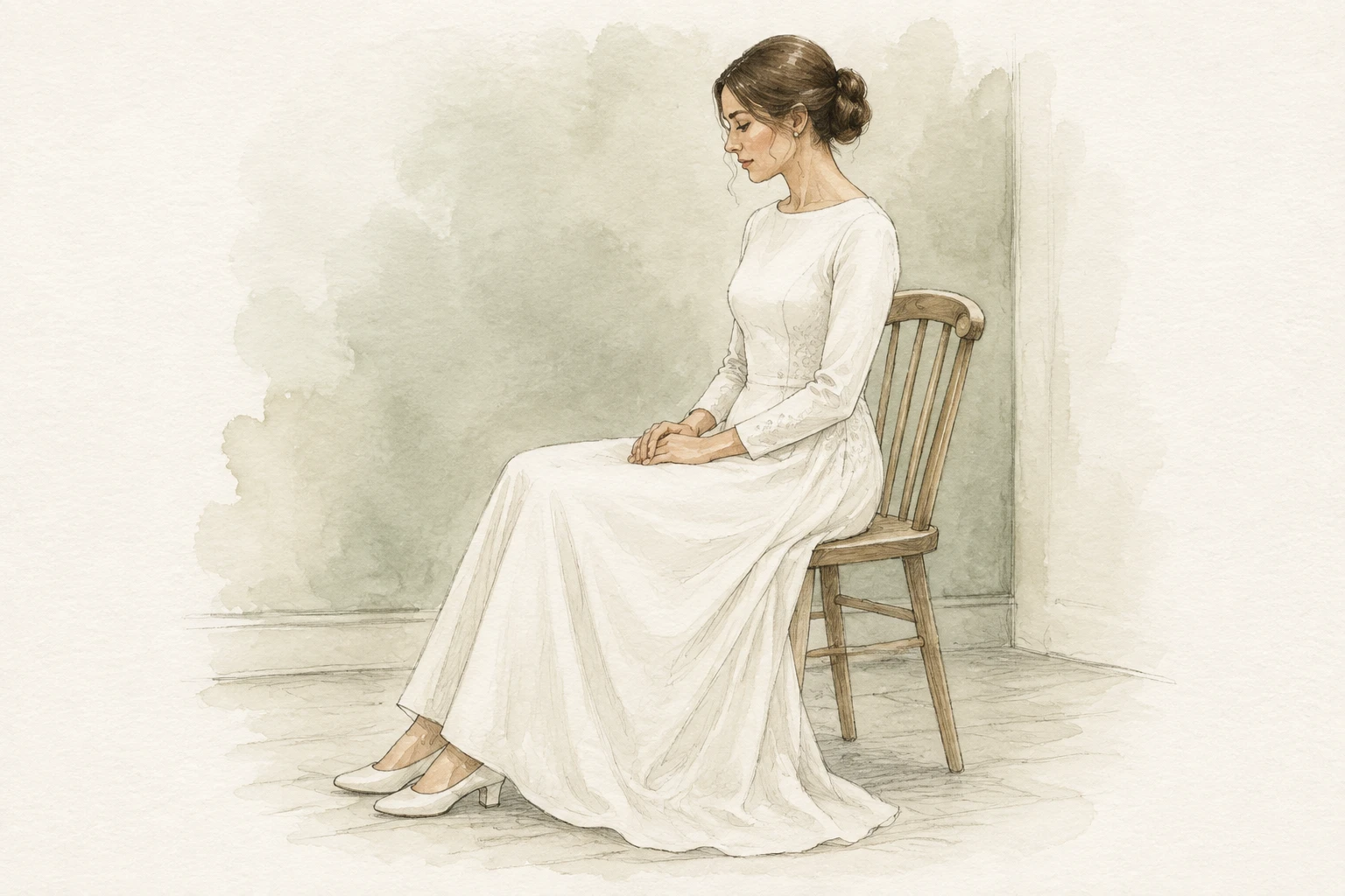 Ilustración de una novia sentada en una silla común durante la prueba de su vestido.