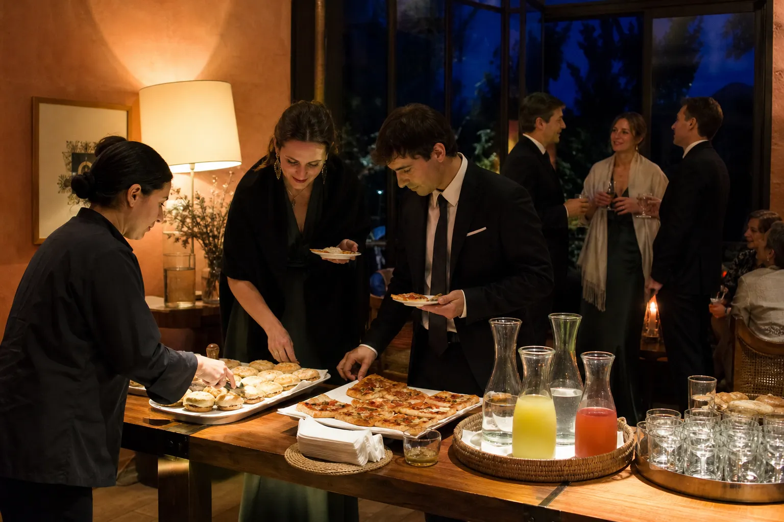 Invitados se sirven pizzas, sándwiches y bebidas sin alcohol en un after party íntimo