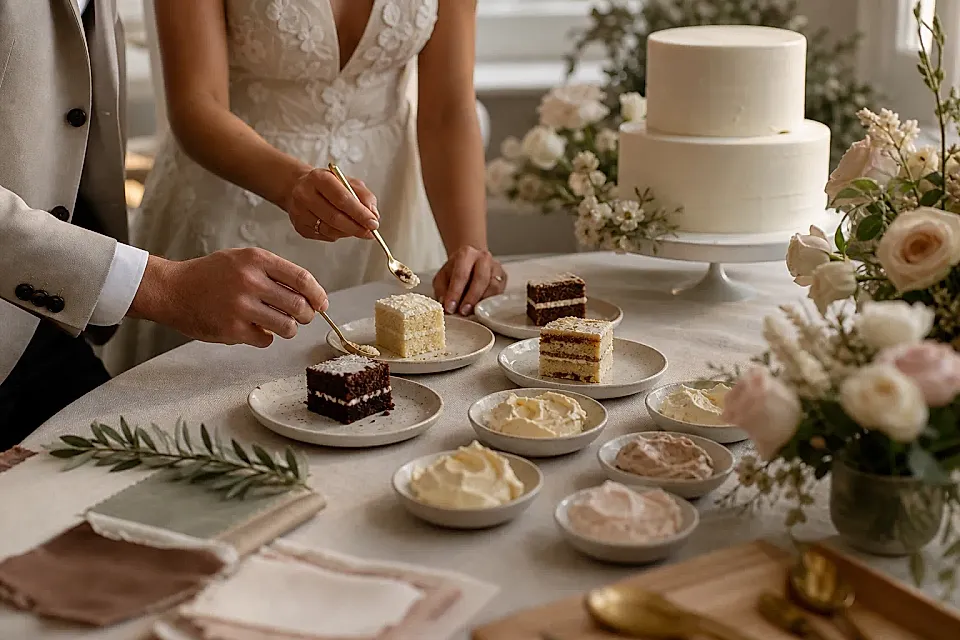 Degustación de tortas de casamiento con rellenos y decoración floral