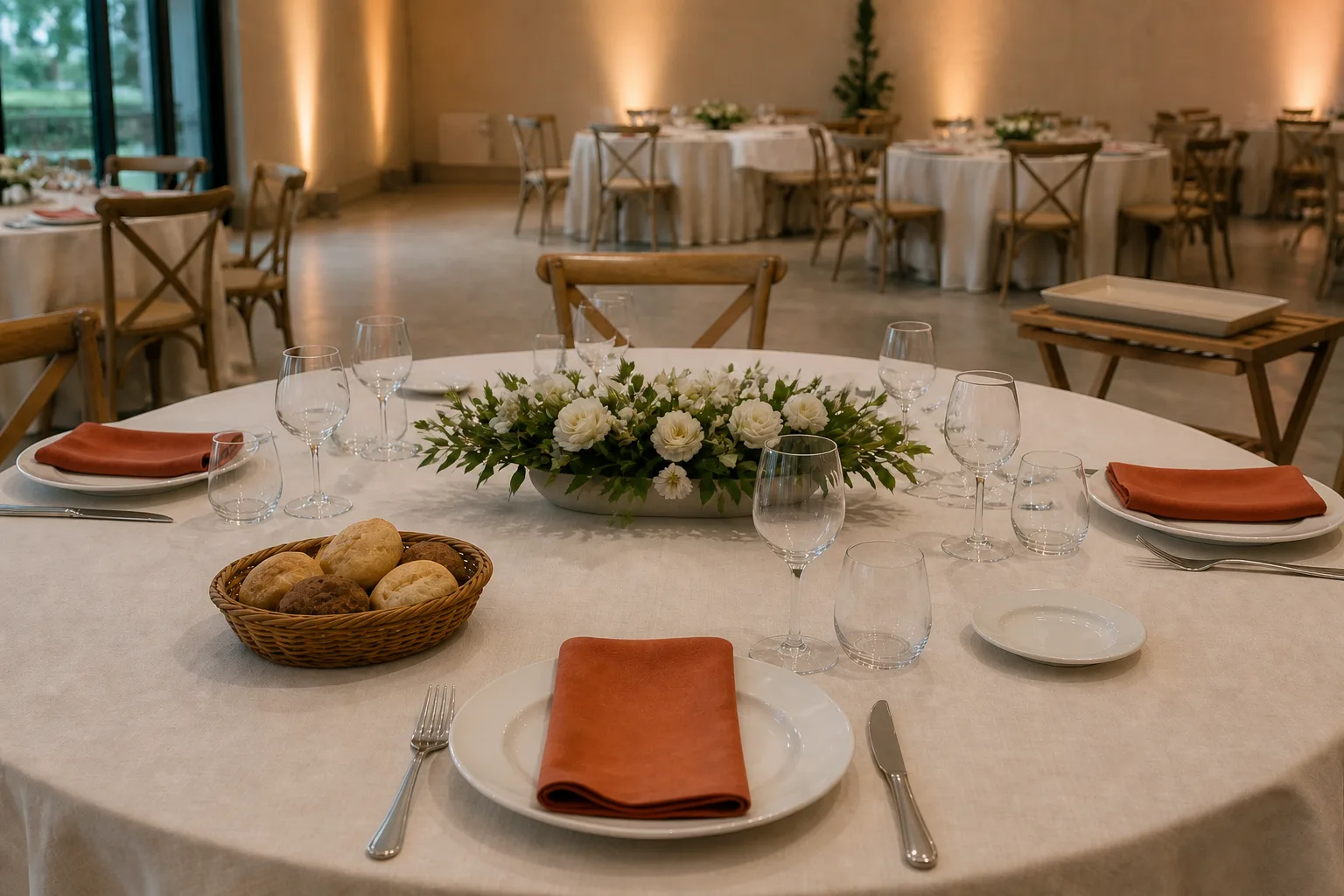 Vista sentada de una mesa de casamiento con centro floral bajo y bandeja de servicio