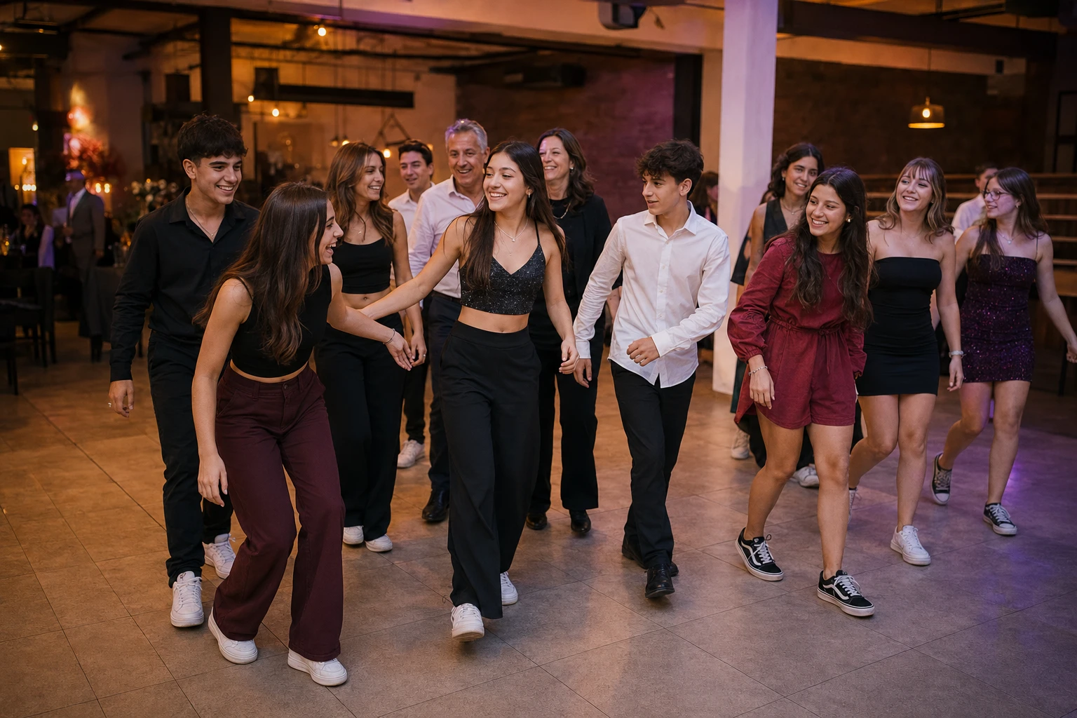 Quinceañera abriendo la pista junto con amigas y familiares