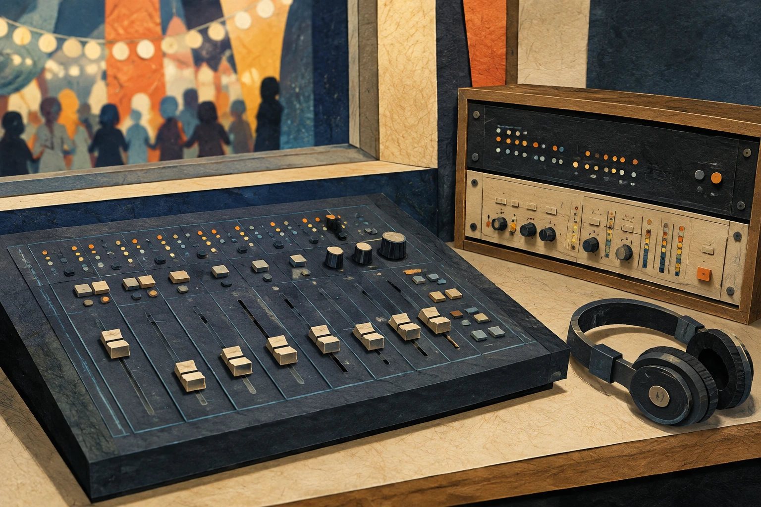 Ilustración de una consola de sonido, un procesador y auriculares en una cabina.