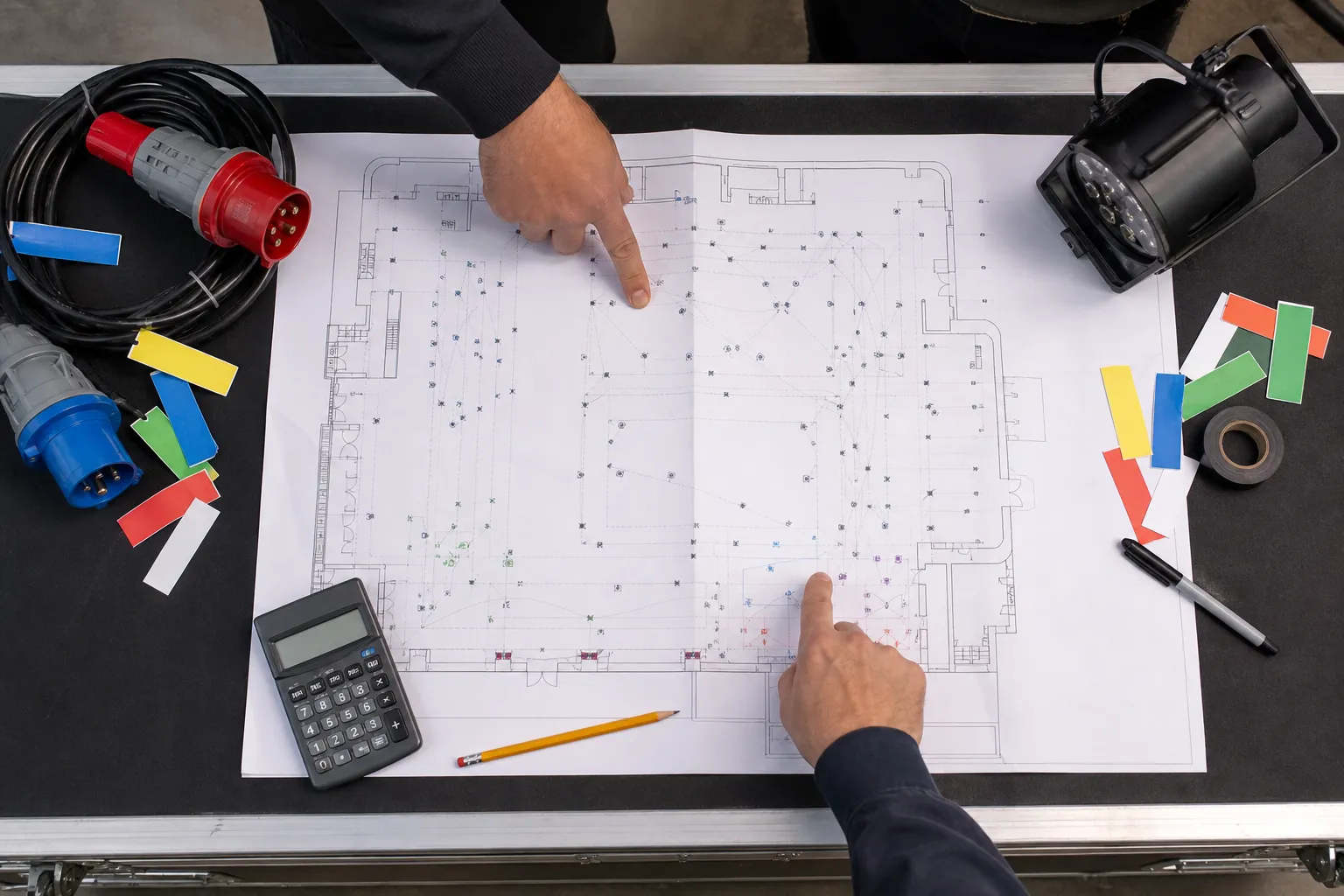Plano de un salón con conectores y cálculo de cargas eléctricas