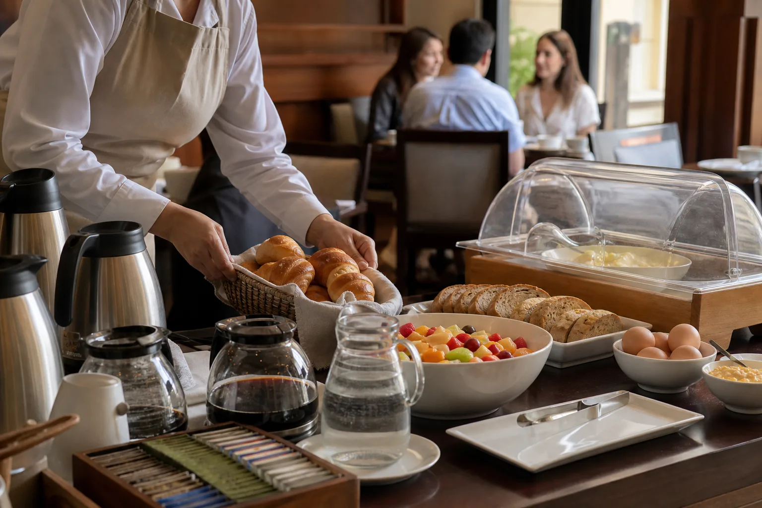 Personal repone café, medialunas, fruta y opciones simples en un brunch post boda.