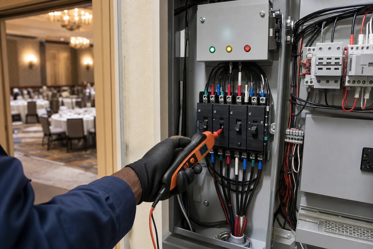 Técnico prueba el tablero de transferencia eléctrica de un salón