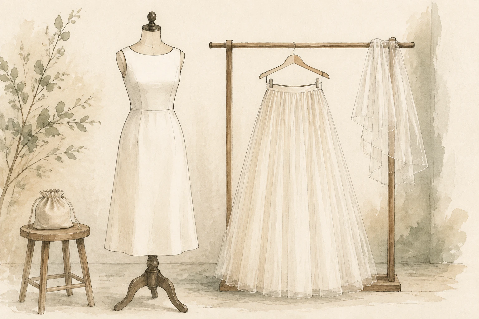 Ilustración de un vestido base, una sobrefalda desmontable y un velo preparados en un atelier.