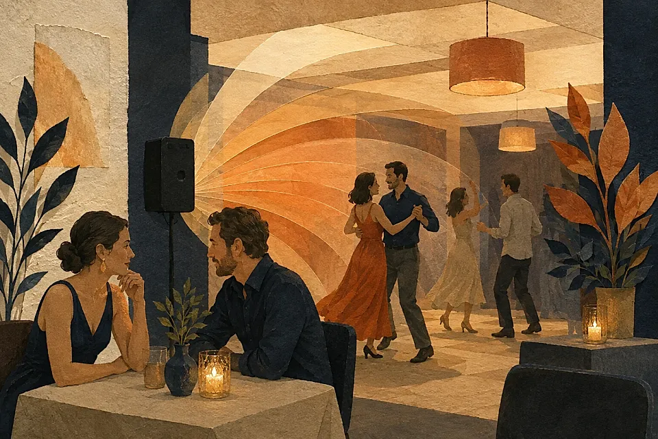 Ilustración de invitados que conversan cerca de una pista de baile en un salón.