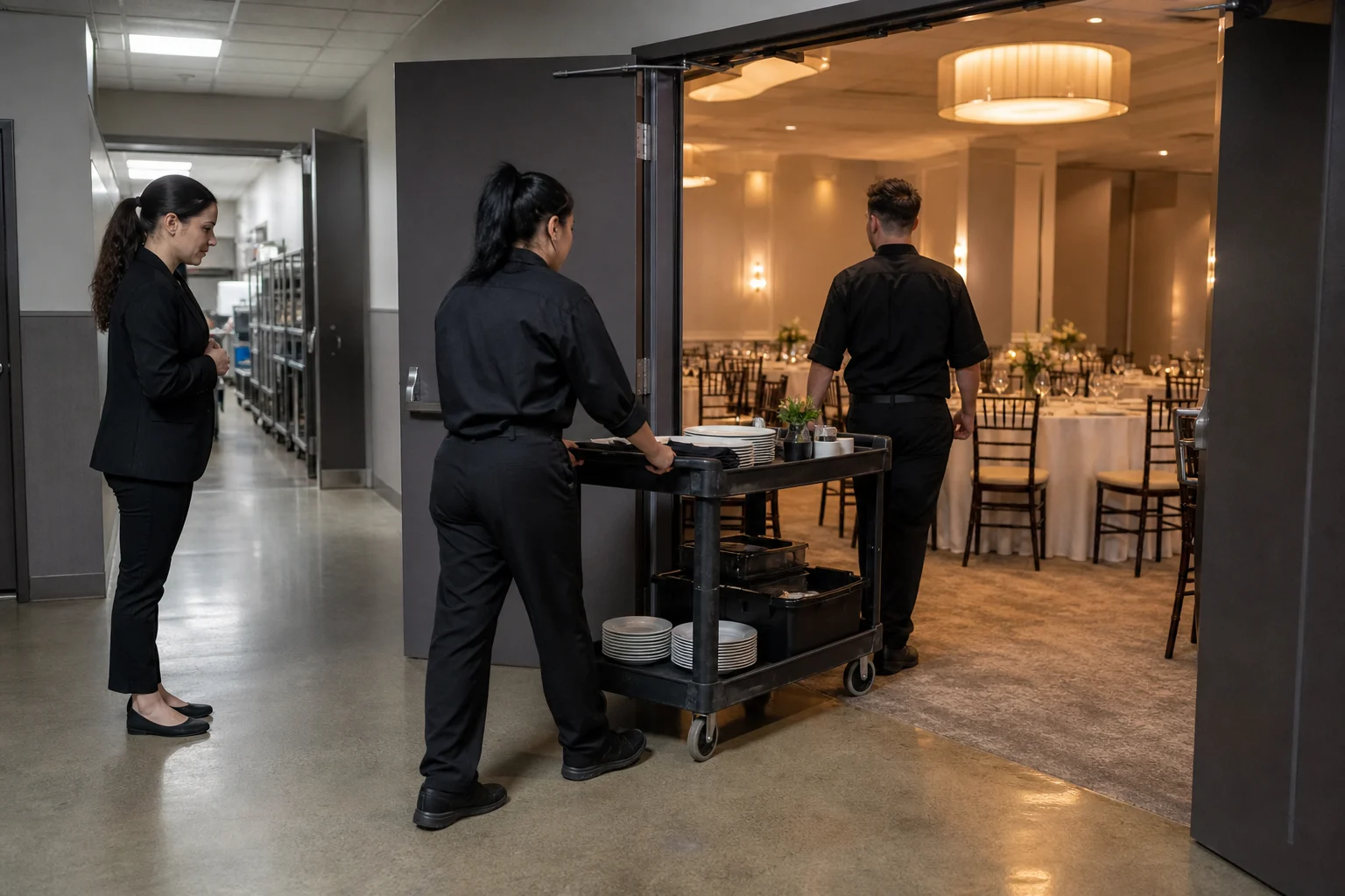 Personal de catering traslada un carro desde la cocina hacia el salón del evento