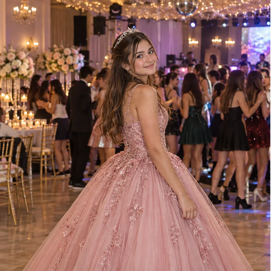 Una adolescente con vestido rosa en su fiesta de 15 años