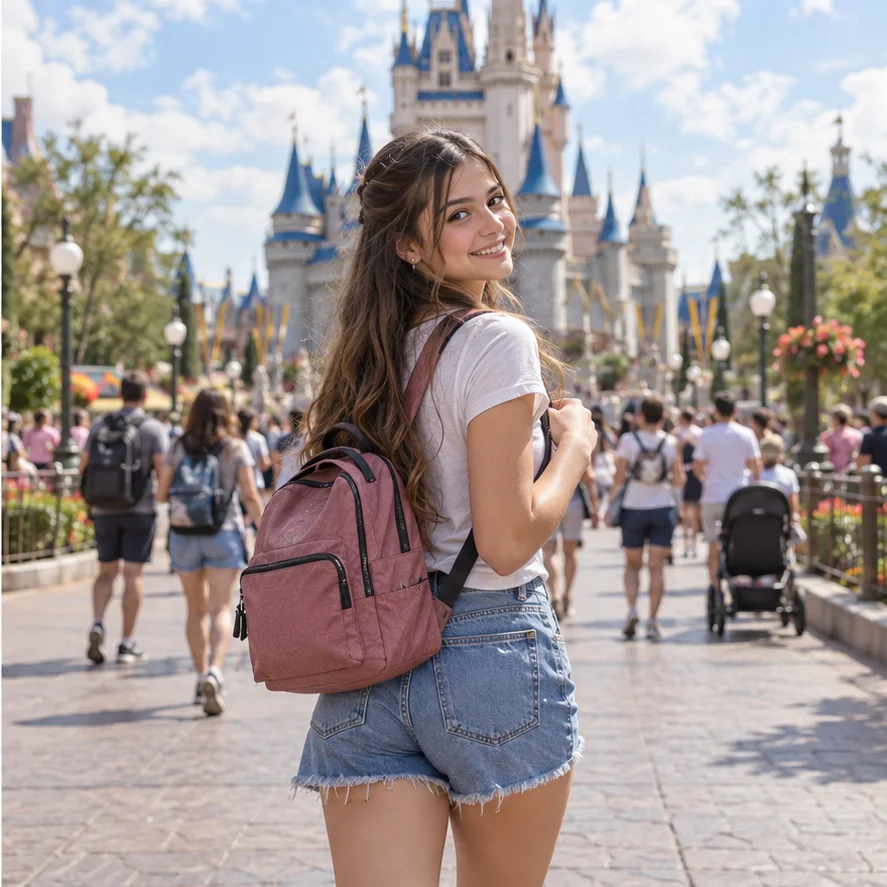 Una adolescente de viaje frente a un castillo de un parque temático de Orlando