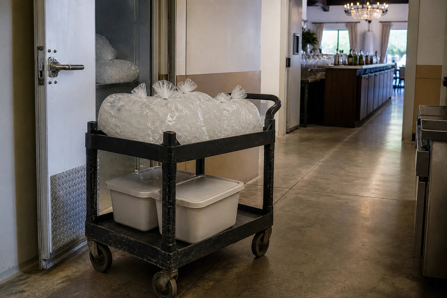 Carro con bolsas de hielo listo para recorrer el depósito y la barra de un salón