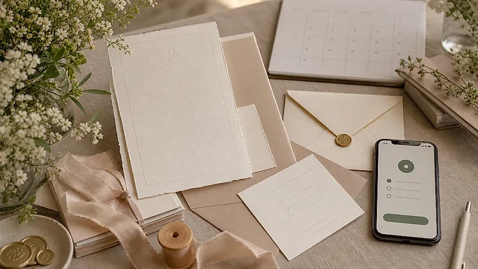 Papelería de invitaciones de casamiento con sobres, tarjetas y celular sin texto legible