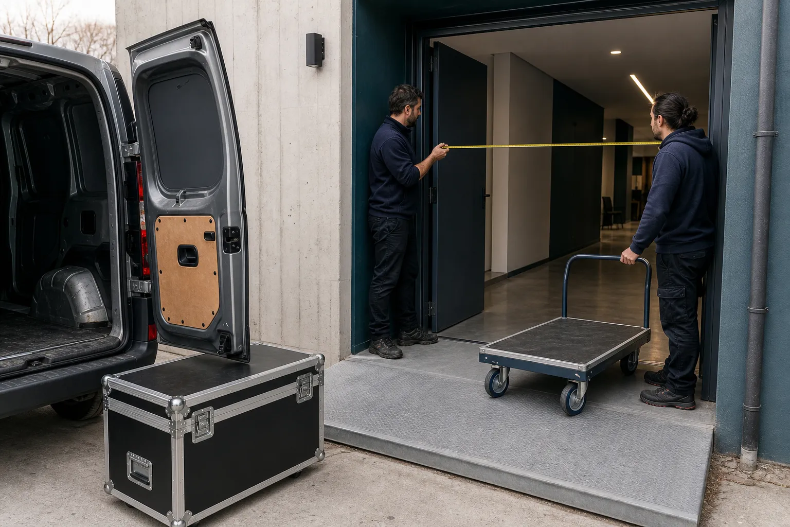 Equipo midiendo una puerta de servicio antes de ingresar un carro y un flight case