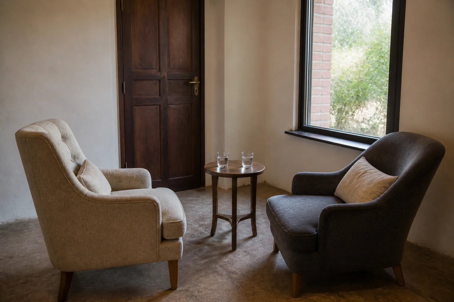 Dos sillones frente a frente en una sala privada con puerta cerrada y luz natural.