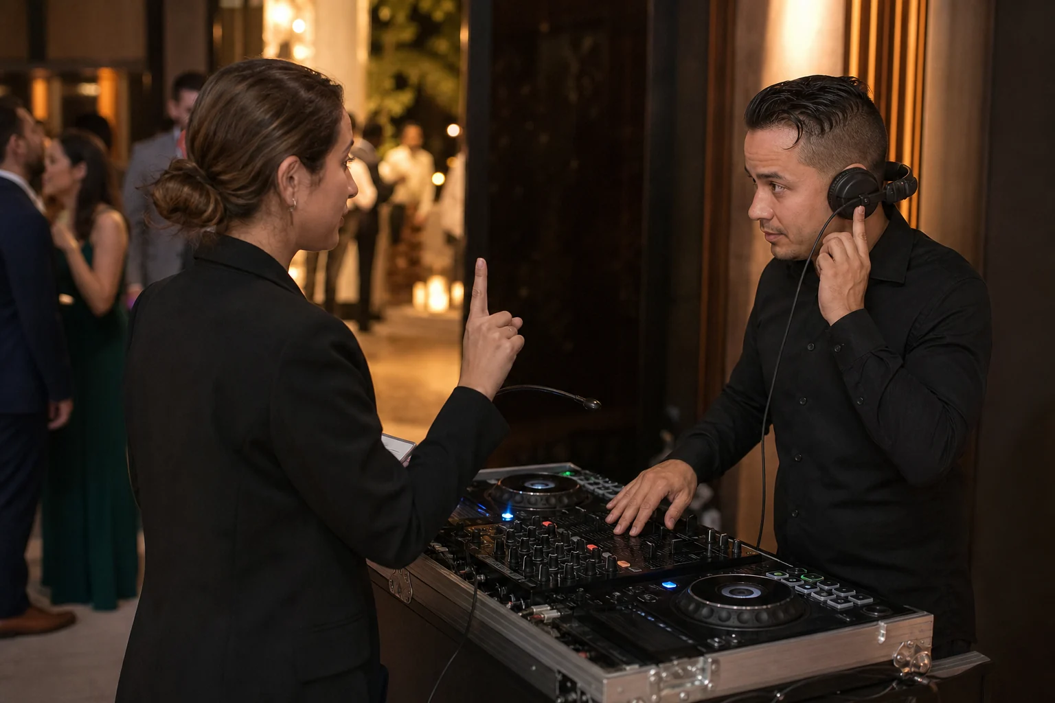Coordinadora da una señal al DJ antes de un momento del evento