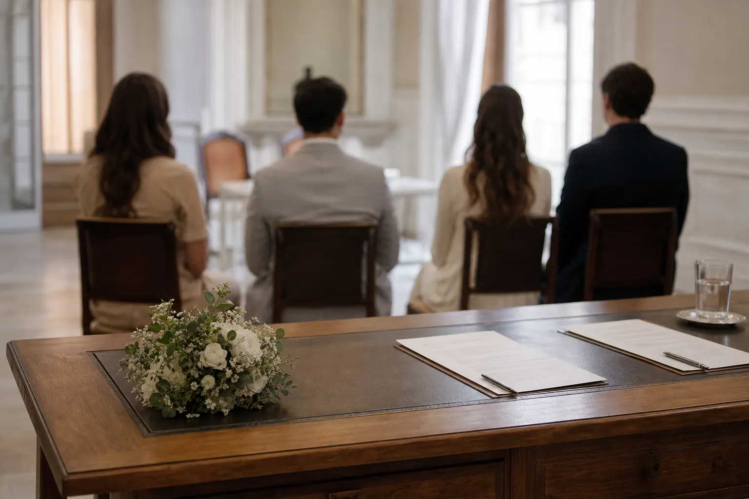 Sala de ceremonia civil preparada con ramo, papeles y testigos desenfocados