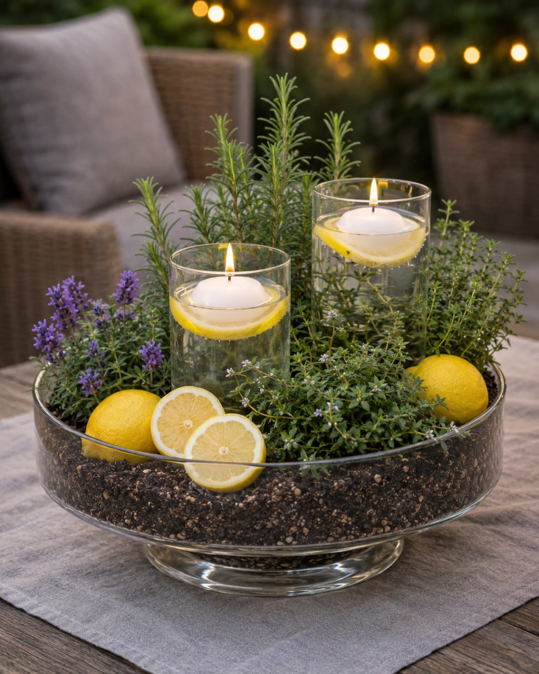 Centro de mesa con velas flotantes, limones y hierbas