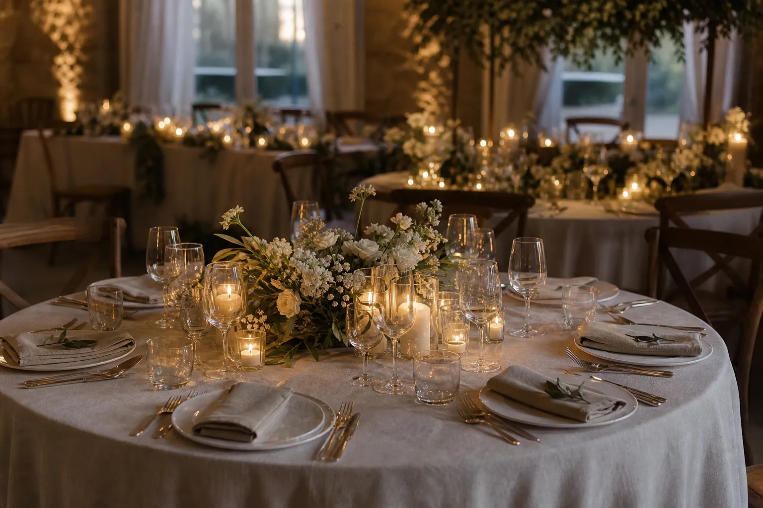 Mesa de casamiento iluminada con velas, flores blancas y verdes suaves